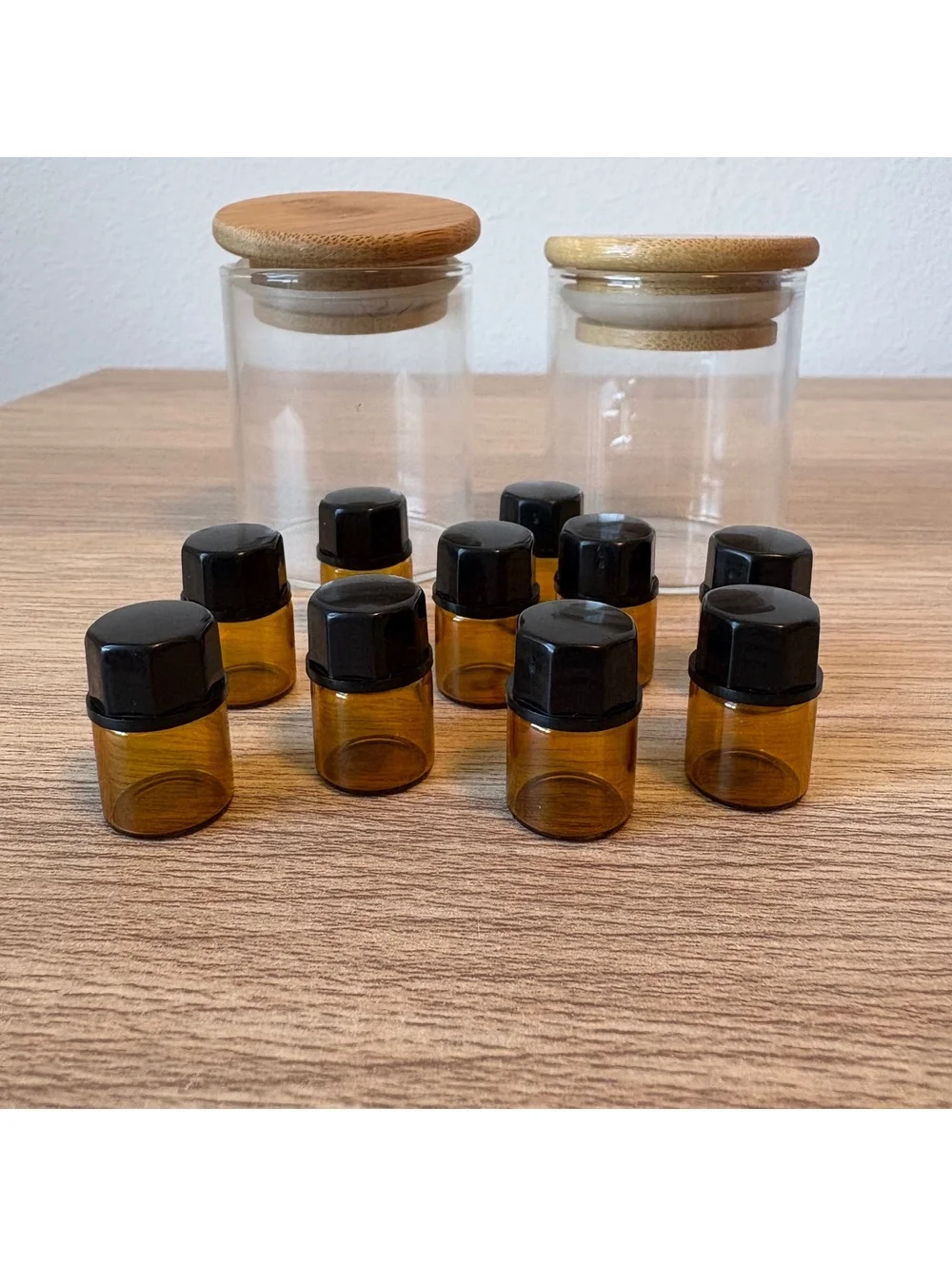 10 Amber Glass Sample Vials Jars w/ Black Caps + 2 Glass Bamboo Lid Storage Jars